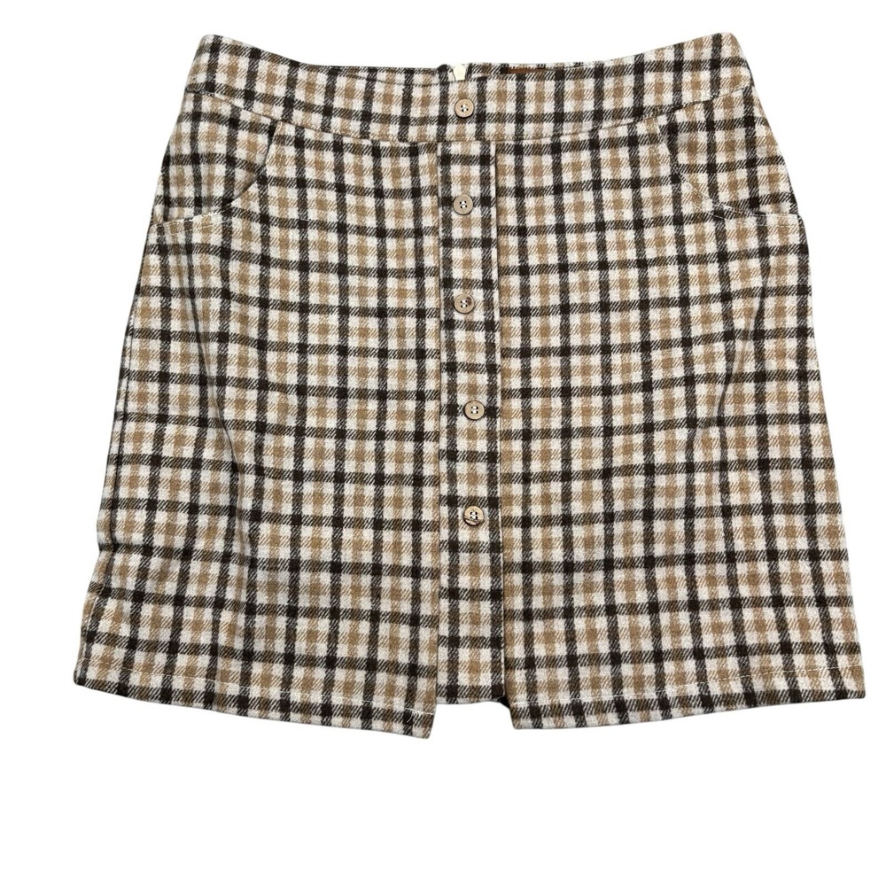 POL‎ Mini Skirt Size S Brown Tan Plaid Zip Flannel NWOT Super CUTE! Designer